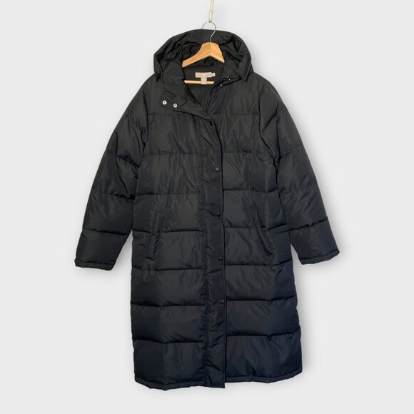 J Crew Long Down Puffer Coat Parka LARGE Black *See Notes* Hood Winter Outdoor - Picture 1 of 11